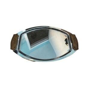 Vintage MCM Kromex Serving Tray Silver Chrome Faux Wood Handles Mid Century Mode